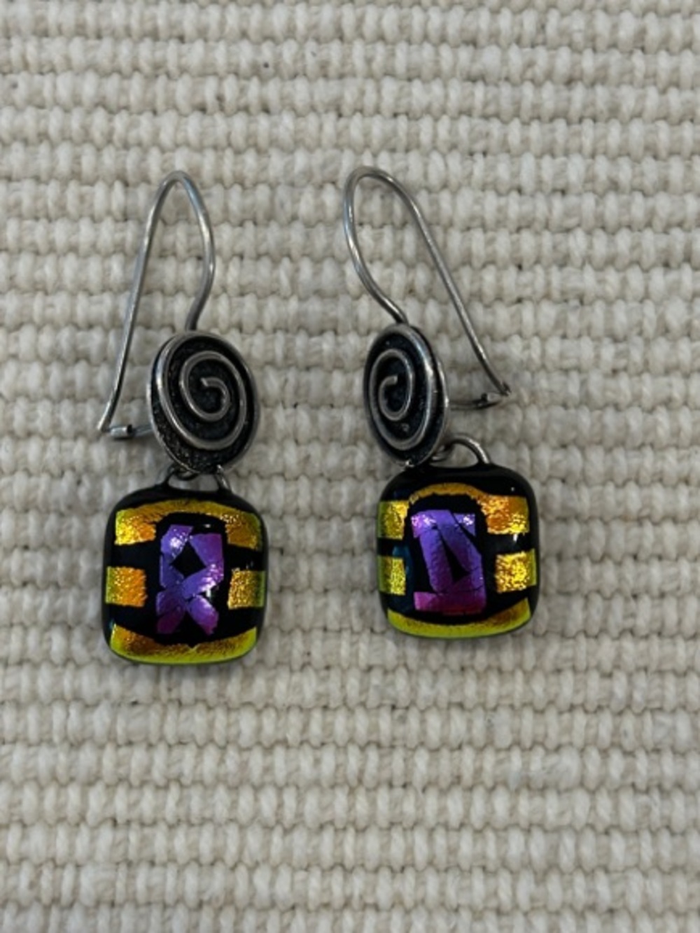 Handmade Black Glass Dangle Earrings with Purple & Gold Accents